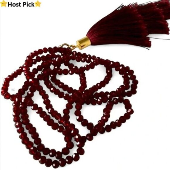 None Jewelry - Garnet-Toned Faceted Glass Crystal Necklace with Layered Tassels - 36” Long